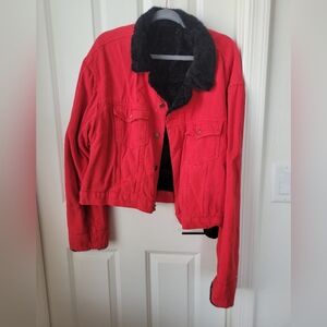 Red Jean Jacket with Black Faux Fur Collar